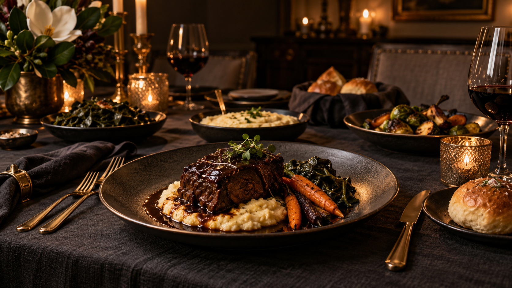 Elegant catered dinner table with beautifully plated food