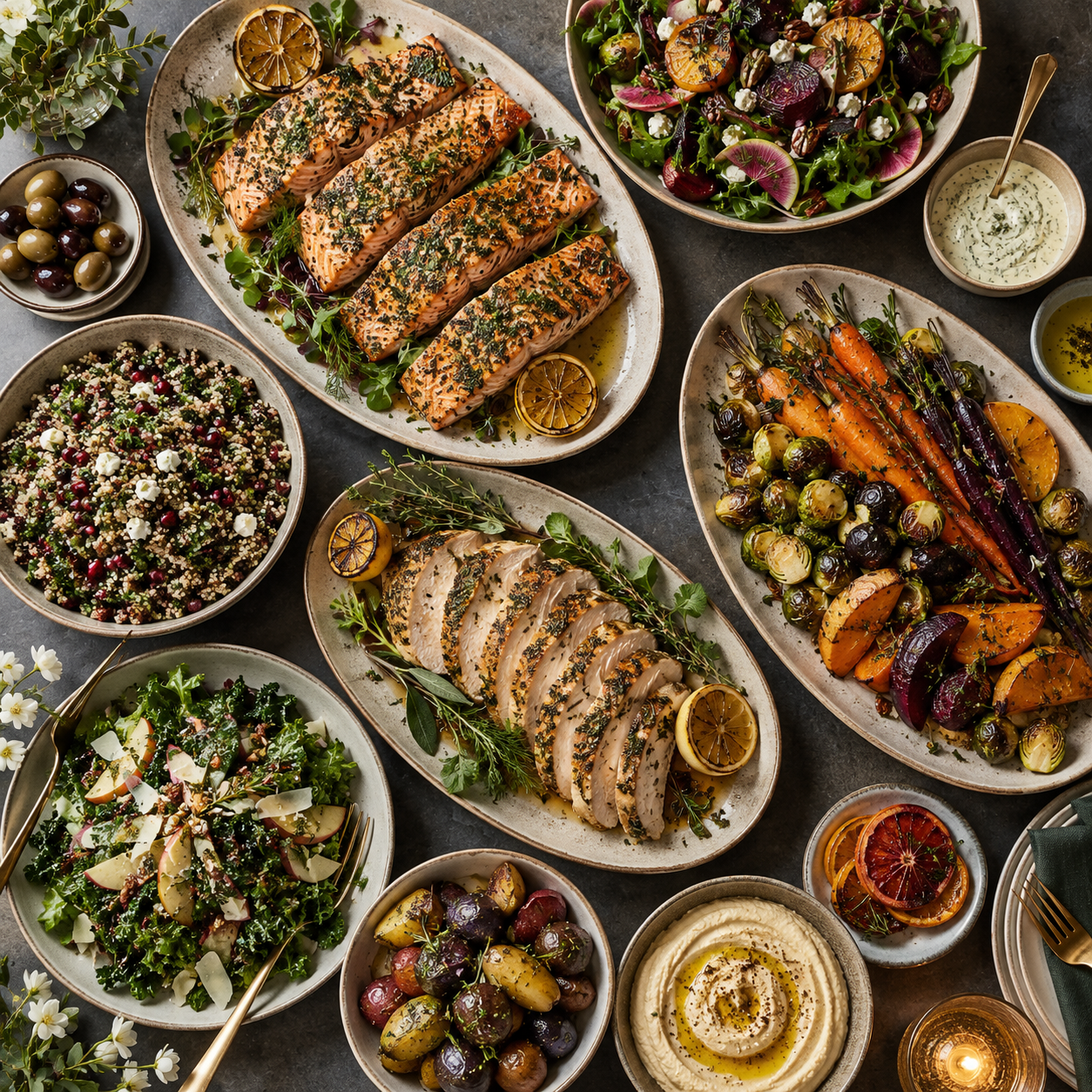 Overhead view of an elegant catered food spread